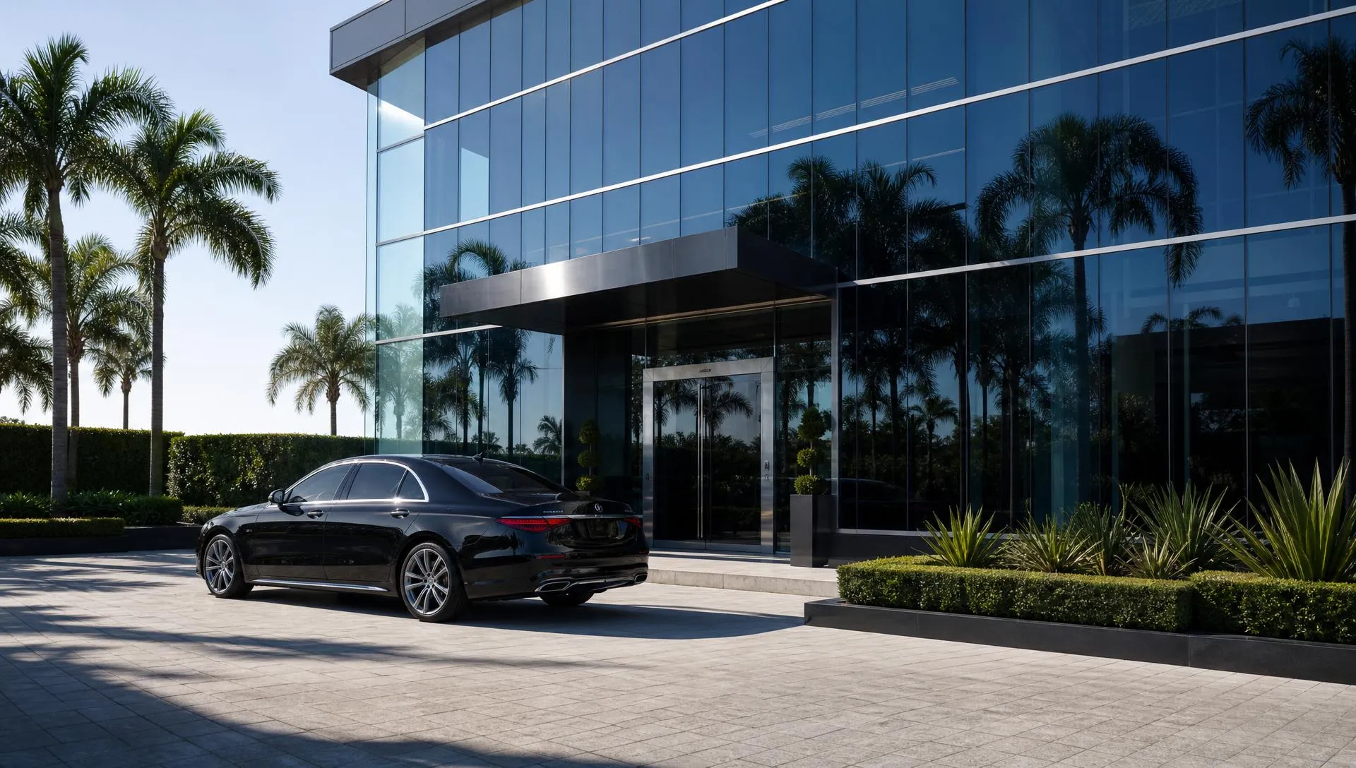 Sunlit glass storefront and tinted luxury sedan